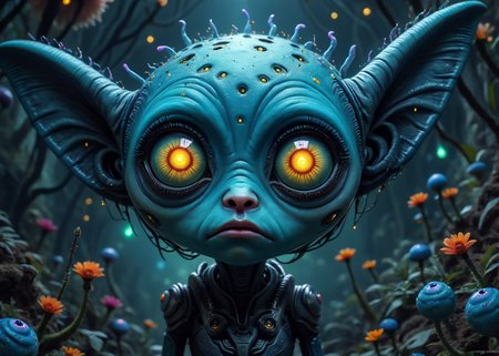 xslx, surrealism, cartoon sad female alien species face, highly detailed, Profound, spotlit, electric indigo, eerie, pristine, serene <lora:fx-01:1.25>  <lora:surrealism-v1:1>  <lora:alien-species:.4>