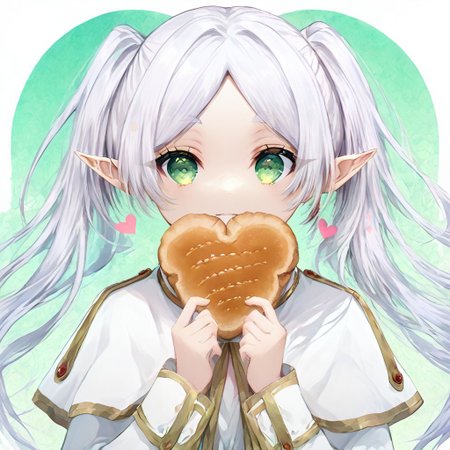 score_9, score_8_up, score_8, score_7_up, 
1girl, solo,
nereirfpnxl, frieren, pointy ears, twintails, green eyes, elf, long hair, white capelet, white hair, white dress, long sleeves, bangs, parted lips, parted bangs,
polka dots background, smile, eating, bread, loaf, eating, close shot, cute girl, looking at viewer, (cowboy shot:1.1),
cute, kawaii, hearts,