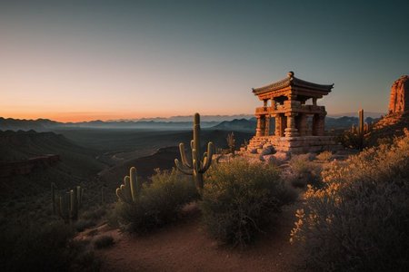 (tall ancient stone towers; 1.39) (temple complex emerging from canyon) raw photo, a sunset landscape, Arizona desert, Saguaro Cactus, Tall Mesa,  cozy, photorealistic, high detailed texture, 8k uhd, dslr, soft lighting, high quality, film grain, Fujifilm XT3, Sony A7 IV, highly detailed photography, (muted colors, cinematic, dim colors, soothing tones:1.2), vibrant, insanely detailed, hyperdetailed, (dark shot:1.2), (vsco:0.3), (intricate details:0.9), (hdr, hyperdetailed:1.2) (highest coherency: 1.39) (highest quality: 1.39) (rule of Thirds) (award winning) (breathtaking) (masterclass) (vibrant color: 0.79) (distant hillside) (cinematic lighting, David Park, lights,)