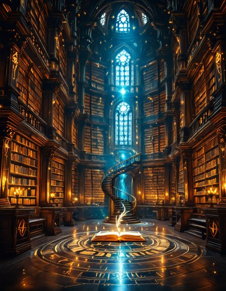 grand enchanted library filled with towering wooden bookshelves that stretch endlessly into the distance, packed with ancient, leather-bound books glowing with mystical runes. The atmosphere is illuminated by floating candles and ethereal blue and golden lights that hover in the air, casting a warm, magical glow. A spiral staircase made of dark oak winds upward, disappearing into the shadows of the high-vaulted ceiling adorned with intricate celestial carvings. Wisps of enchanted mist swirl around the floor, while some books levitate gently from shelf to shelf, as if guided by an unseen force. The air shimmers with dust particles suspended in soft, golden light filtering through stained glass windows, depicting mythical creatures and arcane symbols. The scene is rich in deep, warm tones of mahogany, gold, and sapphire, evoking a sense of wonder, mystery, and timeless knowledge. The image is highly detailed and photorealistic, capturing the textures of the aged books, the glow of magical elements, and the enchanting stillness of this mystical sanctuary of wisdom.
<lora:SDXLFaeTastic2400:0.4> <lora:extremely_detailed:0.4> extremely detailed,<lora:3nch4nt3d_l1br4ry-ill:1>,3nch4nt3d l1br4ry, Masterpiece,best quality,hi res,8k,hi res,8k,award winning,(sharp focus, intricate, highly detailed),