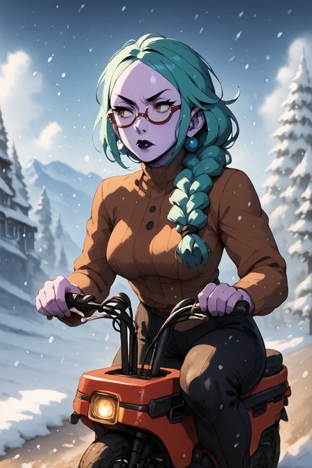 purple skin, teal hair, big round cheery red glasses, colored glass glasses,  bored look in her eyes,  sparkly black lipstick, hair sticks, hair in braid,  <lora:RD-MAnon-XLV1.1:1>, inf front of a café looking out over a artic snow field, ((motocompo)), solo, standing, behind  <lora:motocompo_detailed:1.5> ground vehicle, riding motocompo, , source_anime, score_9_up, score_7_up, score_8_up