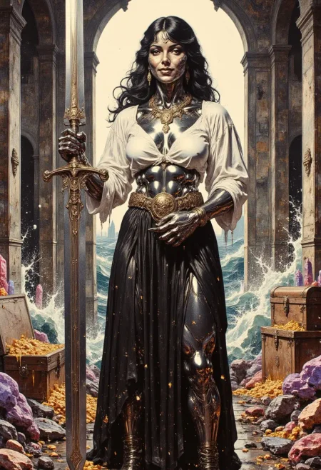Realistic oil painting of a strong MetalFairy woman, with metallic chrome skin flowing black hair. She's wearing a flowing white blouse with a black leather pleated skirt, and black leather boots. The womans strong muscular frame grips a huge sword with one hand it's jagged blade glowing faintly with runic etchings. Her expression is that of amusement, her lips curved up in a smirk.  Adorning her chest are an arrangement of necklaces with ancient symbols. She stands in large room filled with treasure chests filled with gold and massive multicolored crystals, the windows in the room look down towards a raging sea. Her metallic skin sparkles with crystalline dust, and sweat trickles down her cleavage and her huge muscles.