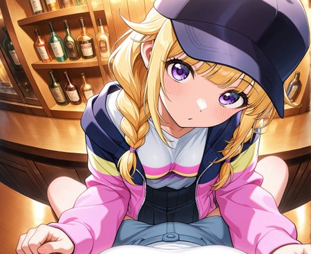 masterpiece,best quality,amazing quality,very aesthetic,absurdres,newest, huge filesize,
<lora:spo_sdxl_10ep_4k-data_lora_webui:0.5>, Paripi Koumei  style,official art, 
<lora:add-detail-xl:1>
<lora:Midis_FemalePov_V0.23[IL]:1>, female pov,
BREAK
tsukimi eiko, 
 blonde hair, long hair, braid, twin braids ,bar,open jacket, cap, white shirt,