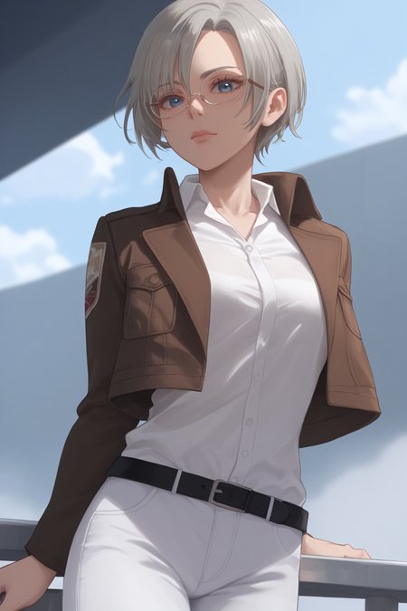 score_9, score_8_up, score_7_up, BREAK source_anime, <lora:Rico Brzenska-PonyXL-lora-Faxtron:1> rico brzenska, blue eyes, grey hair, short hair, medium breasts, glasses, white shirt, open cropped brown jacket, long sleeves, white pants, emblem, belt,