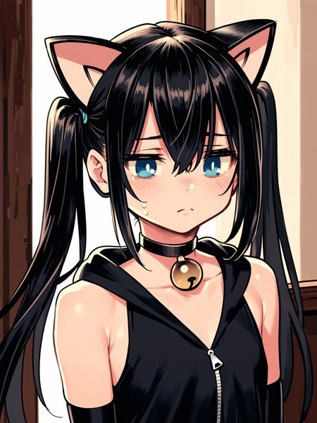 ht_halloweengirl, (flat chest:0.8), black hair, blue eyes, <lora:happy_tentacle-halloweengirl-v0.1-000045:1>, , elbow gloves, thighhighs, choker, neck bell, jingle bell, twintails, cat ears, cat tail, hooded jacket , indoors, 1girl, solo, portrait , unusually open eyes , (sad :1.1), , , standing , facing viewer , score_9, score_8_up, score_7_up, score_6_up, score_5_up, score_4_up
