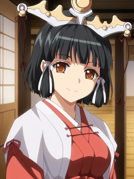 <lora:Kaguya-kuroinu:1>,Kaguya,1girl,black hair,brown eyes,short hair,breasts,miko,japanese clothes,smile,upper body,looking at viewer,indoors