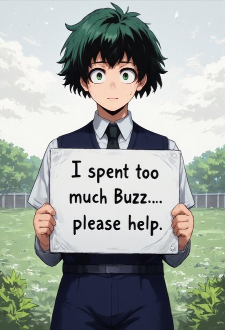 anime, 2d, 1boy, solo, skinny, ((school uniform)), izuku_midoriya, freckles, green hair, green eyes, standing, wet, soaked, crying, raining, storm,  (((flower field background)), ((holding a white sign with black text that reads "I spent too much Buzz... please help. " on it))