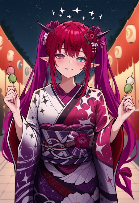 masterpiece, best quality, 1girl, solo, 1RySNwYrs, heterochromia, purple eye, blue eye, horns, double halo, multicolored hair, purple hair, long hair, twintails, hair flower, multicolored kimono, purple kimono, white kimono, print kimono, wide sleeves, obi, holding dango, outdoors, night, starry sky, festival, looking at viewer, smile, blush, <lora:ChamIRySIllustriousXL:1>