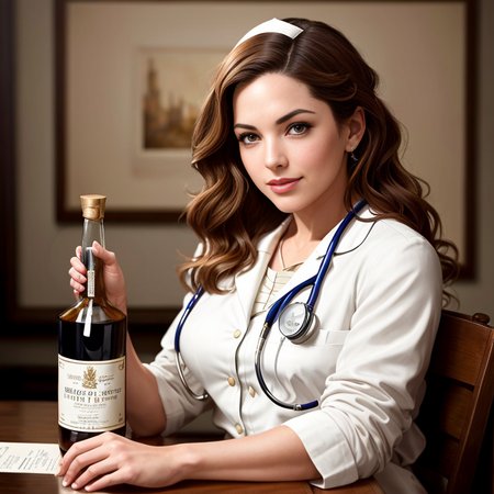 full shot body photo of the kelly brook most beautiful artwork in the world featuring ww2 nurse holding a liquor bottle sitting on a desk nearby, smiling, freckles, white outfit, nostalgia, sexy, stethoscope, heart professional majestic oil painting by Ed Blinkey, Atey Ghailan, Studio Ghibli, by Jeremy Mann, Greg Manchess, Antonio Moro, trending on ArtStation, trending on CGSociety, Intricate, High Detail, Sharp focus, dramatic, photorealistic painting art by midjourney and greg rutkowski