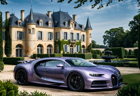 <lora:bugattich1r0n:1>,A soft purple, bugatti ch1r0n parked outdoors in front of a majestic French château. The car, with its glossy metallic blue exterior and sleek black accents, is perfectly positioned on a cobblestone driveway leading to the château. The château features classic French architecture with large arched windows, intricate stonework, and tall, elegant towers. The setting is bathed in soft golden sunlight, creating a warm and luxurious atmosphere. Surrounding the château are neatly trimmed gardens, fountains, and lush greenery, enhancing the sense of grandeur. The scene combines automotive excellence with historical elegance."
<lora:SDXLFaeTastic2400:0.4> <lora:extremely_detailed:0.4> extremely detailed, Masterpiece,best quality,hi res,8k,hi res,8k,award winning,(sharp focus, intricate, highly detailed),