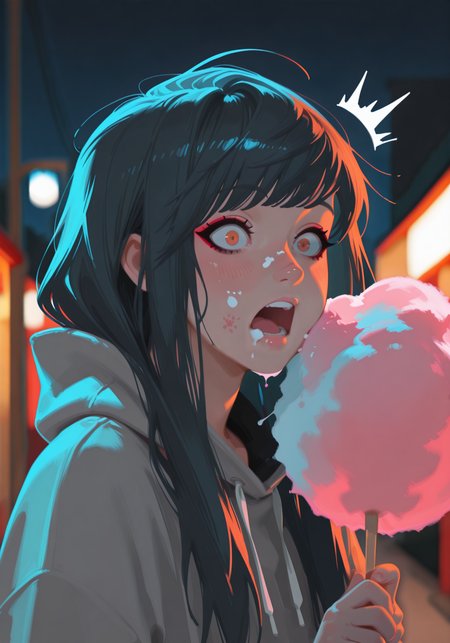 embedding:IllusP0s, g00se, angled bangs, long hair, eyeliner, eyelashes, baggie hoodie,holding cotton candy, ((cotton candy on face)) ((messy face)), (((surprised))), yelling 1girl, solo, night, embedding:IllustriousQual, embedding:Smooth Quality,<lora:scenequ33n_ill.safetensors:1.0:1.0> <lora:g00se_v2_ill.safetensors:0.9:0.9>