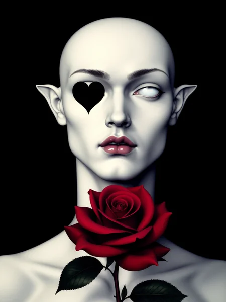 An ethereal portrait features a stylized humanoid face with a heart-shaped void where the eyes should be, accentuating an otherworldly essence. The complexion is porcelain-like, evoking softness, contrasted by sharp angular features. Below, a vivid rose with deep crimson petals emerges, symbolizing beauty and duality. The background is a solid black, emphasizing the central figure's pale tones and the richness of the flower. The lighting is soft and diffused, creating gentle shadows that enhance the contours of the face while illuminating the textures of the rose. The overall mood is surreal and contemplative, blending elements of fantasy and realism. The composition is centered, with balanced proportions between the face and the rose, guiding the viewerâs gaze toward the focal point. This artwork embodies a modern surrealistic style reminiscent of contemporary digital art, aiming to evoke curiosity and introspection.
