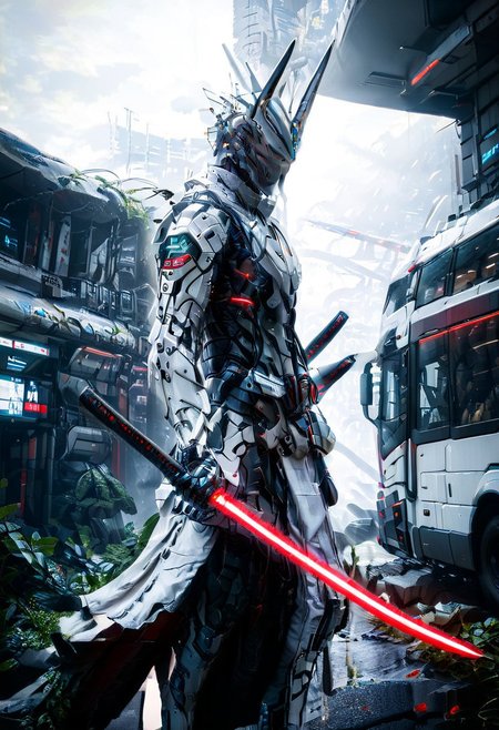front view, BUS STATION, WAITING,  WHITE CYBORG WARRIOR, score_9, score_8_up, score_7_up, score_6_up, score_5_up, score_4_up, UHD, 8K, masterpiece, detailed, ultra_high_resolution, lots of detail, Ultra detailed photo realistic background, lots of detail, RED ILLUMINATED SWORD, cyberpunk, mad-hdwr, cyberpunk.