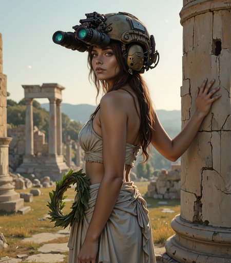 detailed digital illustration upper body shot of young woman wearing on head n0ds dual-tube panoramic optical device two cylindrical blue lenses attached to the front of the helmet with integrated hearing protection , A woman in a traditional Greek toga, standing in the ruins of an ancient temple. She wears a modern military helmet with a bronze finish, the surface weathered and worn. The helmet is fitted with two night vision gogglesâlong black tubes with glowing green lensesâthat sit above her eyeline, ready to be flipped down. The helmetâs communication device is seamlessly integrated, with small, discreet wires running along the sides. She stands with one hand resting on a crumbling column, the other holding a laurel wreath. The ruins stretch out behind her, the ancient stones bathed in the golden light of the setting sun. The green glow from the goggles adds a futuristic element to the ancient scene, creating a visual paradox that highlights the merging of past and present. The silence of the ruins is broken only by the distant sound of the wind, creating a sense of timelessness that hangs in the air.<lora:n0ds_epoch_23.safetensors:1.0:1.0>
