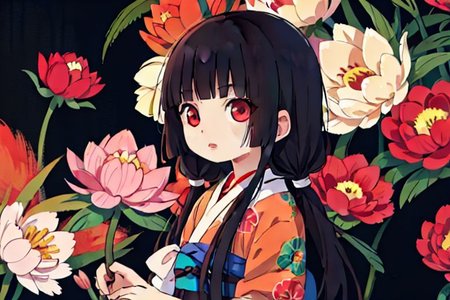 enma ai, hair down, hair black, bangs, eyes red, masterpiece, best quality, ultra-detailed, illustration, 1girl, solo, highres, photorealistic, ultra high res, (Original illustration composition), (fusion of limited color,Maximalism artstyle, kimono obi fashion, double exposure, background, illustration, Amazing, lily spider, night darkness, open one's mouth, finger, bouquet flowers red, low twintails, (polychromatic peony:1.15), Movie poster,