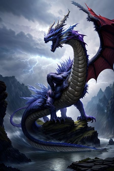 <lora:more_details:1>, <lora:ironcatlora2Dragons_v10:0.3> , eastern dragon,  textless, photo, a majestic ice dragon atop a cliff, dusk and gloomy, rainy and thunder, multiple wings,