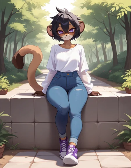 masterpiece, best quality, very aesthetic, absurdres,
outdoors, casual, 
full body, posing, 
seductive smile, parted lips, long eyelashes,
 <lora:MewMew_v02_NAIXL:1>
MewMewM,1girl,solo,furry,furry female, short hair, black hair, hair between eye, animal ears, purple eyes, body fur, brown fur,