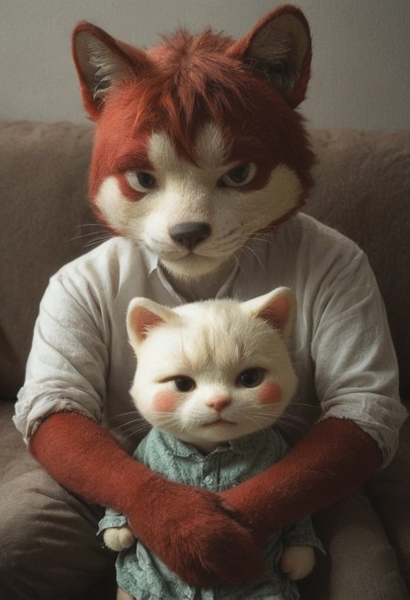 This is a low-light, candid photograph capturing a man with a hairy chest and a ginger cat resting on his lap. The man, who appears to be shirtless, is seated on a dark-colored chair or sofa. The cat is comfortably perched on his lap, with its front paws resting on his thighs. The image is taken from a slightly high angle, providing a close-up view of both the man and the cat. The background is dimly lit, with indistinct objects, possibly a cluttered shelf or a small table, barely visible in the shadows. The lighting is artificial and low, casting a warm, muted glow on the subjects. The photograph has a casual, intimate feel, with a low aesthetic quality due to the poor lighting and lack of sharpness. The composition lacks leading lines or the rule of thirds, and the image appears to be taken with a smartphone camera, evident from the slight graininess and casual framing.
 poppy, marshall, white fur, red fur, pink fur, two colored fur, dress, sweater, bangs, blush,  antro