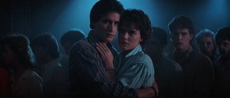 cinematic film still of  <lora:Fright Night 1985 style v2:1>
In the 1980's Jerry Dandrige and Amy Peterson a man and woman hugging in front of a crowd,shirt,black hair,long sleeves,jewelry,multiple boys,bracelet,hug,ring,blue shirt,6+boys,striped shirt,crowd,stage,stage lights,concert , horror themed, dark themed, low key light, dramatic light, dramatic shadow light, contrast, cinematic color, cinematic look, filmic, realistic, realism, perfection, perfect, Kodak, Kodak film, movie still, Fright Night 1985 style, Fright Night Film style, shallow depth of field, vignette, highly detailed, high budget, bokeh, cinemascope, moody, epic, gorgeous, film grain, grainy