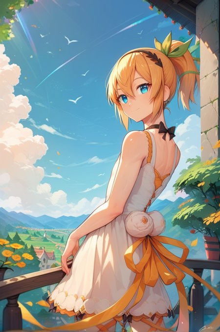 score_9, score_8_up, score_7_up, very aesthetic, source_anime, detailed, high quality, beautiful, masterpiece,
<lora:lightXL:0.8> neolight,scenery, outdoors, village, tree, mountain view, daylight,
cowboy shot, upper body,  close up, from behind, looking back,  dynamic angle,
flat chest,  light smile, dynamic pose, 
<lora:edna_v03:1>
ednadef, short hair, blonde hair, orange hair, high ponytail, blue eyes, hair between eyes, white dress, sleeveless dress, boots, leg ribbon, hairband,  green hair ribbon,, zPDXL
