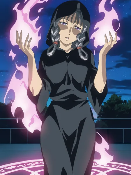 masterpiece, best quality, highres, absurdres, very awa, shiny skin, game cg, anime coloring,
1girl, saki kiriya, standing, cowboy shot, hands up, casting spell, purple magic, magic circle, fire in palm, glowing,
looking at viewer, parted lips, head tilt,
long hair, braided sidelocks, hair rings, grey hair, purple eyes, lips,
black robe, hood,
outdoors, cloudy sky, sidelighting, night, starry sky, on rooftop, amazing background
 <lora:Saki Kiriya 3216 NoobAIXL Epsilon_IL:1>