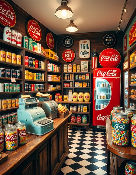 A vintage 1950s grocery store filled with nostalgic details. Wooden shelves neatly stocked with classic canned goods, glass soda bottles, and colorful retro packaging. An old-fashioned cash register sits on the wooden counter, next to a small scale for weighing produce. The checkered black-and-white tile floor adds to the mid-century charm, while hand-painted signs on the walls advertise milk, bread, and coffee in bold, retro fonts. A display of penny candy in glass jars sits near the entrance, and a vintage Coca-Cola refrigerator hums in the background. Soft, warm lighting casts a nostalgic glow over the scene, enhancing the rich textures of wood, glass, and metal, capturing the essence of a bygone era.
<lora:SDXLFaeTastic2400:0.4> <lora:extremely_detailed:0.4> extremely detailed
 <lora:1950s_grocery_st0r3:1>,1950s grocery st0r3, Masterpiece,best quality,hi res,8k,hi res,8k,award winning,(sharp focus, intricate, highly detailed),