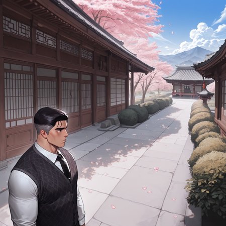masterpiece, best quality, amazing quality, absurdres, newest, detailed background, definition so sharp, Ultra-HD, 8K cinematic, very awa, impressionate, amazing quality, highres, 

solo, male focus, manly, mature male, bara, 

outdoor, sakura tree, flowing flower petal, windy, road, depth_of_field, chinese background, architecture, east asia architecture, bushes, focus on landscape, fisheye, day, blue sky, cloud

kangjungman, kangjungman_black hair, kangjungman_grey side hair, kangjungman_black eyes, 1boy, short hair, cheekbones, shirt, black tie, black vest.