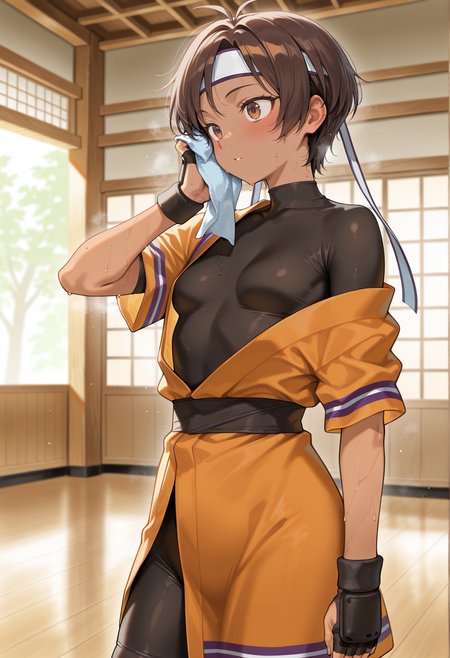 1girl, dark skin, brown hair, short hair, brown eyes, japanese clothes, headband, bike shorts, fingerless gloves, off shoulder, black bodysuit, short sleeves, wiping sweat, dojo, small breasts  <lora:wakaba_illus:1>, masterpiece, best quality, amazing quality, very aesthetic, absurdres, highres, newest