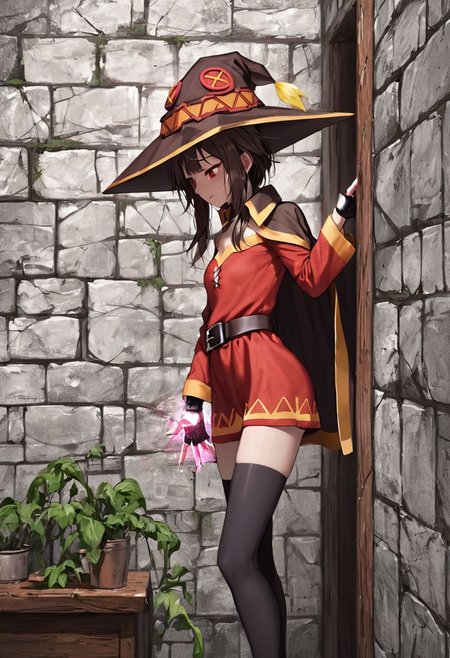 score_9, score_8_up, score_7_up, ((masterpiece)), ((best quality)), 8k, high detailed, ultra-detailed, (((anime))),  scary face, SFW, 1girl, perfect eyes, cinematic lights, 50mm photographic, very hand detailed, red sparkles, red particles on character corner, ((Megumin)), short hair, sidelocks, brown hair, red eyes, small breasts, fingerless gloves, bandaged leg, black gloves, witch hat, black belt, red dress, short dress, asymmetrical legwear, black collar, black cloak, black hat, black thighhighs, angry, ((preparing a spell with character hands)), ((magic spell on hands)), magic, fire sparkle, wind slashes, side conjuring a spell, ((side view)), ((explosion effects)), sparks, light rays, dramatic lighting
BREAK,
medieval background, wall wooden door, wall of rocks, centinel, green bushes, ancient castle in ruins, stone walls covered in vines, broken windows,
