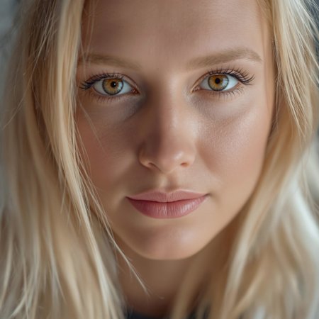 “Intimate close-up of  blond white Russian woman, blonde hair framing her face, brown eyes locked on the camera, sharp nose,  subtle smile on  soft pink lips straight ahead in a calm expression,, (hyperrealistic:1.3), (photorealistic:1.2), cinematic lighting, ultra-detailed facial features.” straight ahead in a calm expression, (hyperrealistic:1.3), 8k resolution, high dynamic range, intricate face details.”