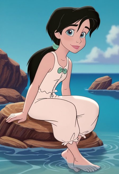 (screencap, official style:1.2), 1girl, small breasts, (MelodyXL:1.1), black hair, blue eyes, ponytail, makeup, sleeveless, shirt, pants, white pajamas, barefoot, feet, light smile, sitting on water, rocks, wet, cute pose, looking at viewer, outdoors, sea, dynamic pose, cowboy shot, day, <lora:Melody_character-12:1>