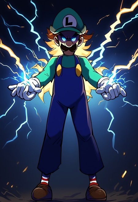 score_9, score_8_up, score_7_up 
   , masterpiece, beautiful,,electric powers, electricity bend, dynamic pose, dramatic lighting, itluigi, angry, bend knees,cartoon-style, green hat, green long-sleeved shirt, blue overalls, moustache, round nose, brown shoes, white gloves, yellow buttons, brown hair, slim, striped socks, red and white socks, l emblem on hat, looking at viewer, blue eyes,  twinkling particles, stardust, eye_trail, glowing eyes,lightning thunder trails, lthndrtrl, lot of lightning coursing along body, electric yellow glow, large sparks of electricity, masterpiece, best quality, very aesthetic, made of golden and blue and red and yellow and purple lightning thunder trails , lthndrtrl, high score, great score, absurdres, shaded face,shaded face, (black face:1.2)glowing eyes