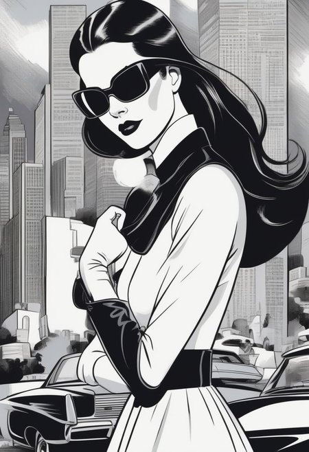 (masterpiece), high quality, 4k, Artist style: Bruce Timm, DCAU, DC comics, Western Comics,
BREAK, 1woman, Calendar Girl, (Page Monroe), long hair, black hair, skintight clothing, long-sleeved dress, black dress, black tights, petite, (white mask), (mask:1.6), (monochromatic outfit), gloves, (black eyes:1.5), (no eyes:1.4)