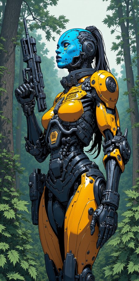 extremally detailed and hyper-realistic cyberpunk ilustration of close up of beautiful bluebot cyborg girl, hiding in jungle during brutal total war with her heavy gun in hands. orange and black robotic body suit. sci fi theme, best quality, soft light, sharp shadows, anime ink lines<lora:BLUE_mk4_angel_FLUX_03:1.2>   <lora:CPA:1>