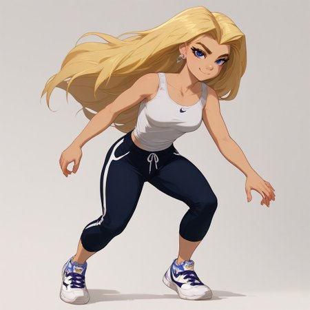 Expressiveh, score_9, score_8_up, score_7_up, score_6_up, score_5_up, score_4_up,Nike outfit, looking at viewer,(full body:1.1)dynamic pose, a girl with her one hand on hips in front of a wall, (graffiti wall incription:just do it),(no people:1.1),<lora:TorunnPony2.0:0.9> torunn,long hair, blonde hair, solo, blue eyes,smile,1girl,collarbone,tall,fit,musclar arms,hourglass figure, earrings, sneakers, (simple background:1.2) ,incription on shirt :nike in<lora:clothesUpdate:0.7>