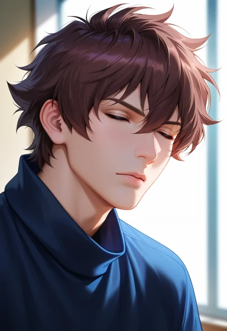 masterpiece, best quality, , semi-realistic, looking at viewer, 1boy, solo, male focus, <lora:leonardo_watch_ilxl:0.94>, leonardo_watch, brown hair, short hair, hair between eyes, bangs, closed eyes, , ,