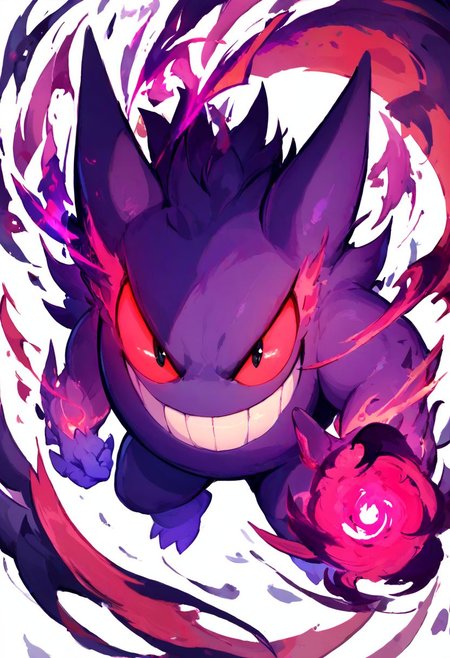 score_9, score_8_up, score_8,
gengar, solo, no humans,  red sclera,  v-shaped eyebrows, black eyes, evil smile, 
floating, looking at viewer, white background,
Aura, energy, glowing, swirling energy, dynamic pose,