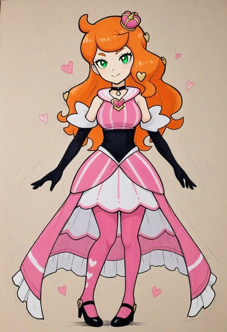2d, masterpiece, best quality, amazing quality, 1girl, solo, full body, simple background, traditional media, sketch, detailed lines,   manga style , pencil sketch style, soft shading, soft delicate features, 
scsonia, def colors, green eyes, orange hair, long hair, heart hair ornament, pink mini crown, black choker, pink dress, long dress, sleeveless, bare shoulders, elbow gloves, knees, pink pantyhose, high heels, black footwear
