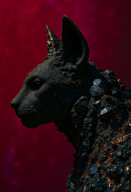 A black cat made from rough black obsidian crystals, in profile, side view, surrealism, pencils, fashion illustration, gradient bordeauxs and dark crimson background, avant-garde, vivid colors, filigrie, photorealistic rendering, mody chiaroscuro lighting