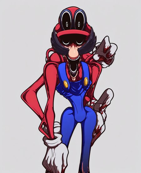 <lora:ultraM_Illustrious-20:1.0>, masterpiece, best quality, score_9, score_8_up, score_7_up, 1boy, solo, ultra m, hat, facial hair, black sclera, white pupils, white gloves, gloves, overalls, hand on hip, multiple arms, looking at viewer, light gray background, simple background