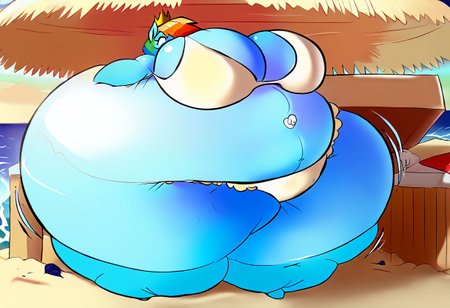 Rainbow Dash, My Little Pony, belly inflation, wearing bra, wearing panties, gigantic belly, outie navel, at the beach, painful face, wearing bra, wearing panties, ssbbw, obese, biggest breast, fat, ssbbw, sumo, breast, bikini, lingerie score_9, score_8_up, score_7_up, score_6_up, score_5_up, score_4_up, detailed background, anthro, furry, female, ((pony)), (fluffy fur:0.5), long hair, crown, (bikini, accumulated energy), (blimptits, blimphips, blimpthighs, obese), inflating, g4, pony,  inflatable pony, living inflatable, bimbo, wearing a dress, (fancy dress, white dress), siting in a beach chair