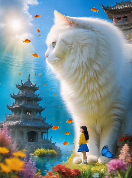 <lora:white cat è¿æV1.0-0008:0.9>,large white cat,a young girl,Sunlight is shining into the sea. There is a gorgeous dragon palace at the bottom of the sea,and the details are clear. Colorful fish are swimming around,, (masterpiece, best quality, highres:1.2),