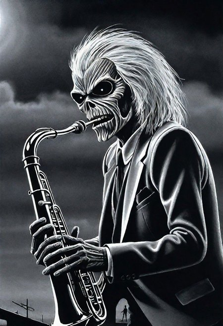 black and white illustration, masterpiece, top quality, best quality, highest quality, highest detailed, Simon Stlenhag Style, hmvi style, close up, Ink art of a monster, on a dark smoky stage playing a trombone, wearing noir clothing, like a suit and tie, iron maiden poster 1988, an airbrush painting,