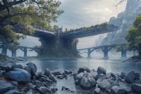 (Realistic:1.5) EdobLandscapeAlpha , outdoors, thorns, signature, blue theme, evening, alien, bridge, solo, rock, forest, <lora:EdobLandscapeAlpha_v1.0:0.8>