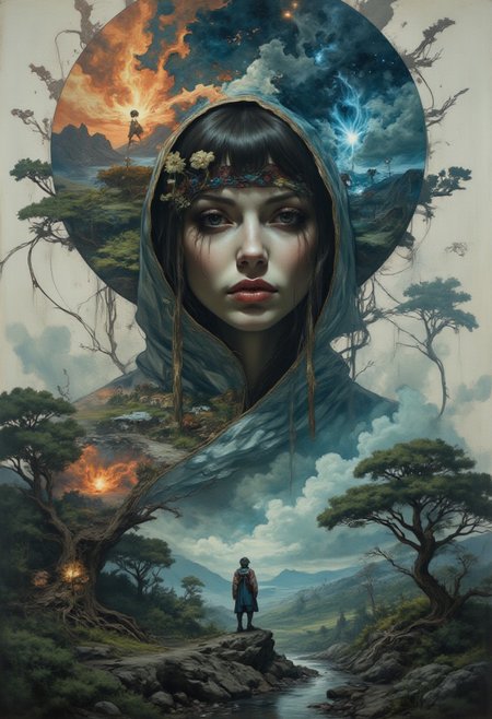 Portrait by Dorota Pietrowiak, looking at the viewer, concept art, landscape of a female character from street fighter universe, stylized by Ernst Haas, ultra close up, half face focused, ambient, surreal, perfect background, enchanted, full color