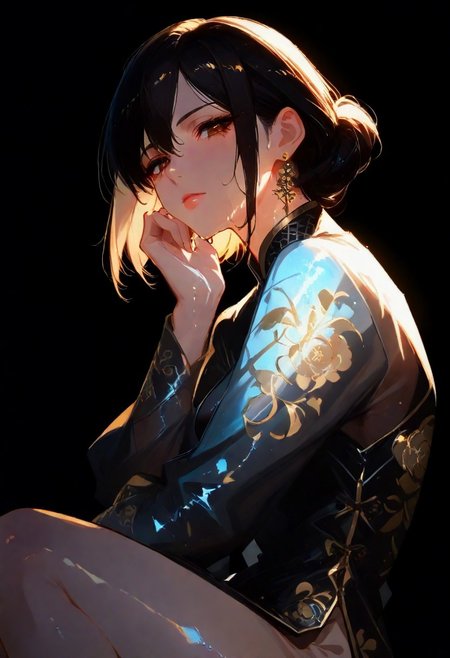 masterpiece, best quality, good quality, very aesthetic, absurdres, newest, EtherStyle, usnr, 748cmstyle, backlit, backlighting,  sunset, 1girl,milf, mature women, mature female,solo, sitting,sit down,looking at viewer, glancing ,glance,glare,short hair, shirt, black hair, long sleeves, closed mouth, jewelry, brown eyes, earrings, lips, bodysuit, chinese clothes,shiny clothes, Chinese dress,black dress,see through ,wet clothed, soaked,floral print, black background,chin on hand,
Eye reflections, global illumination, ray tracing,bright eyes, simple background,
Ethereal Moonlight Lighting,Cool And Blue Lighting,backlit,(backlighting), <lora:ponyv5_noobV065S_1_adamW-000013:0.7> <lora:USNR_STYLE_XL_lokr:0.5> <lora:EtherSDXL:0.15> <lora:748cmSDXL:0.3> <lora:backlitILL:0.8>