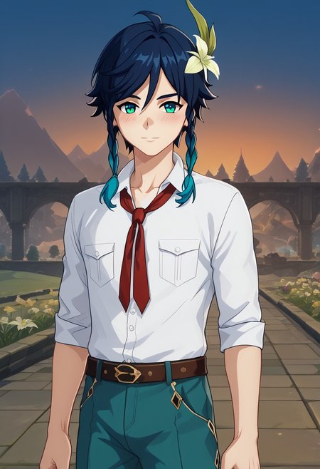 score_9, score_8_up, score_7_up, source_anime, anime screencap, collarbones, sexy guy, sexual expression, sexy look, blush, (man, 1 boy, male:1.2), venti, gradient hair, dark blue hair, green hair, twin braids, green eyes, white shirt, red nectie, blue pants, brown belt, amazing background, Male Cosplayer, cosplay costume, flower in hair, genshin impact style