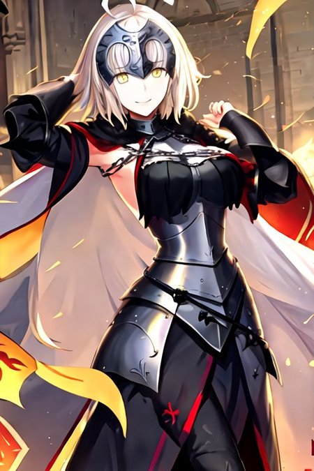 jeanne_d_arc_alter_fgo, yellow_eyes, breasts, ahoge, bangs, large_breasts, white_hair, long_hair, smile, cleavage, short_hair, hair_between_eyes, very_long_hair, grey_hair