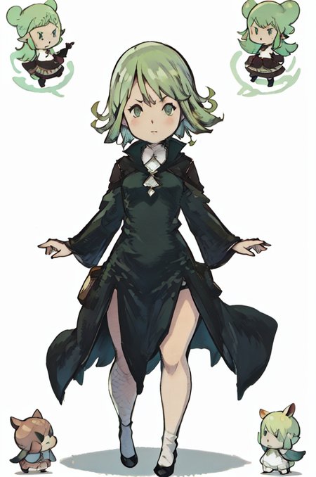 (Yoshida_Akihiko_PonyXL_style_v02.10.01:1.0) solo, 1girl, white background, (chibi head), cowboy shot, Tatsumaki171,green eyes,green hair,black dress,short hair,tatsumaki, green light aura, from above, hands up, (Bravely Default Style), yoshida akihiko, <lora:pony\char\anime\tatsumakiSDXLL.safetensors>, <lora:pony\style\Yoshida_Akihiko_PonyXL_style_v02.10.01.safetensors>, <lora:styles\yoshida_akihiko_offset.safetensors>, <lora:styles\BravelyDefault.safetensors>, <checkpoint:[Pony] prefectPonyXL_v10.safetensors>, <checkpoint:[SD15] tfmCutesyAnime2_genesis.safetensors>