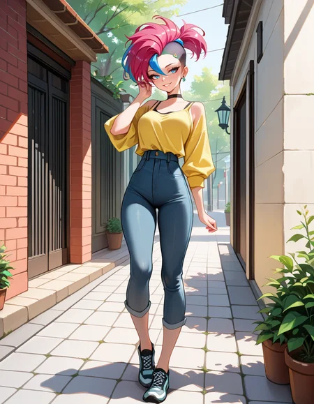 masterpiece, best quality, very aesthetic, absurdres,
outdoors, casual, 
full body, standing, posing,
seductive smile, parted lips, long eyelashes,
 <lora:Moika_v01_NAIXL:1>
M01ka,1girl,solo,multicolored hair,ponytail,mohawk,undercut,hair ornament,earrings,blue eyes,chocker,